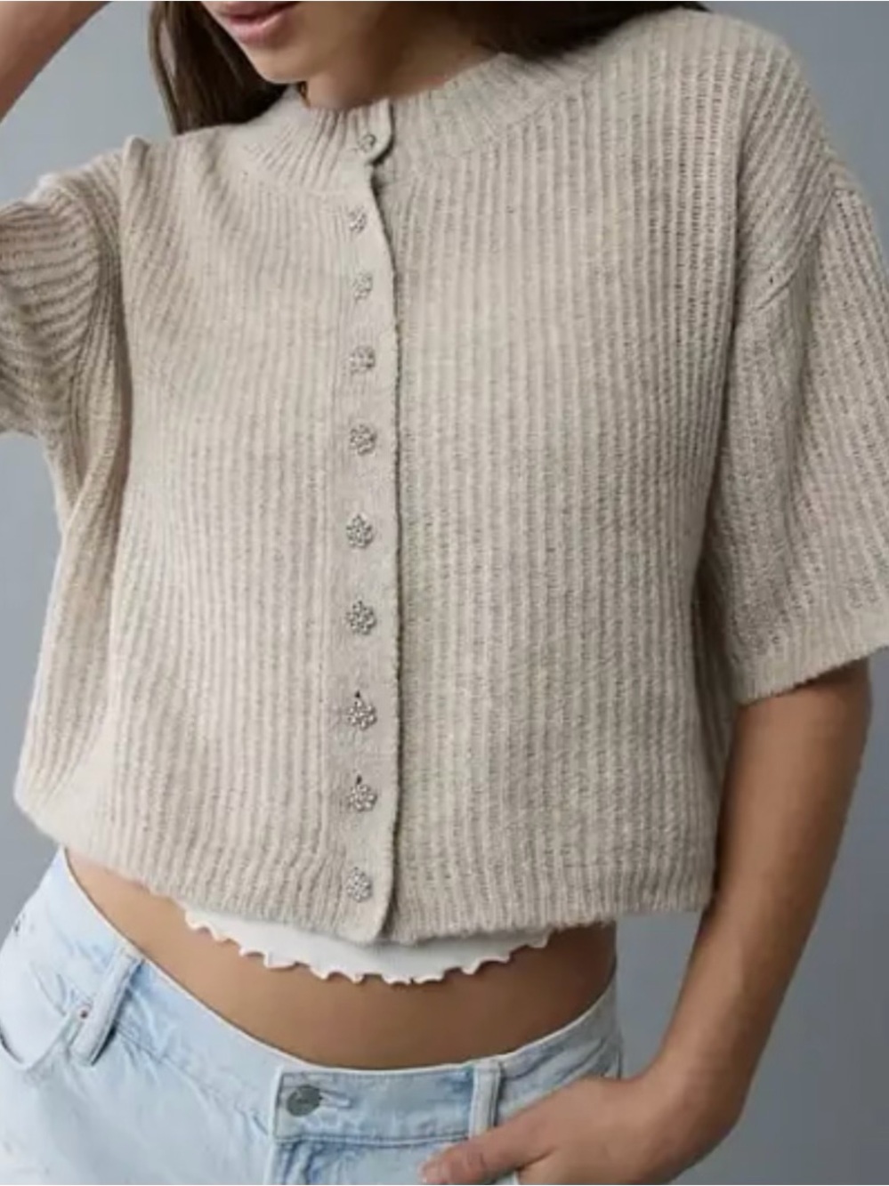 AE Short-Sleeve Ribbed Button-Front Sweater